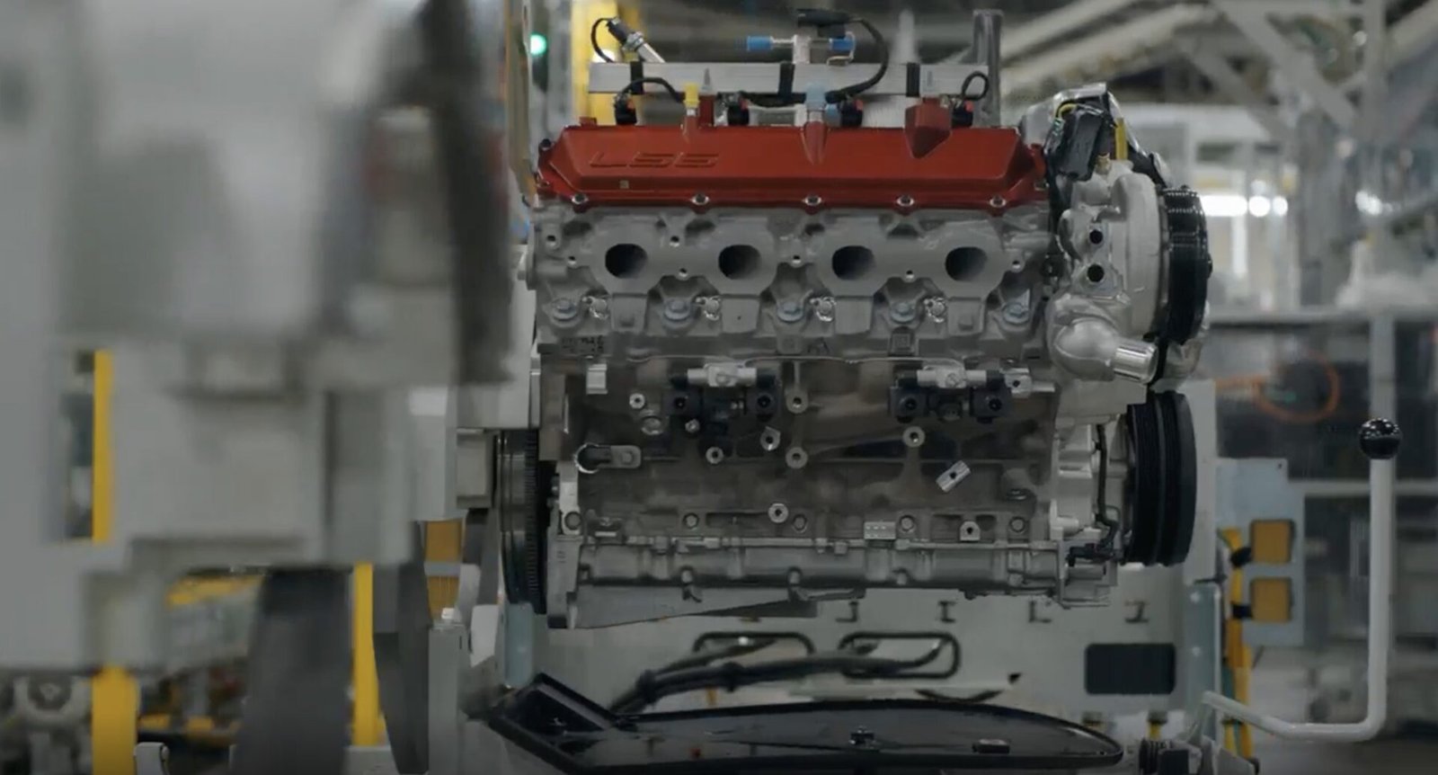 Bare LS6 engine on GM's Flint factory assembly line