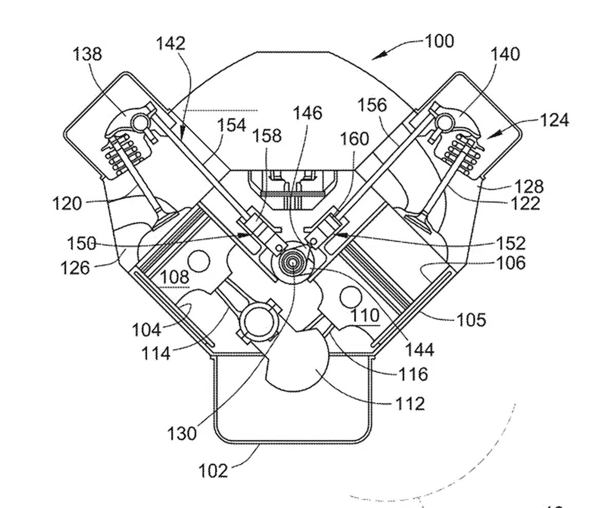 Patent FIG. 1 cross-section of a V-engine pushrod valvetrain from U.S. Patent 12,742,403 B2