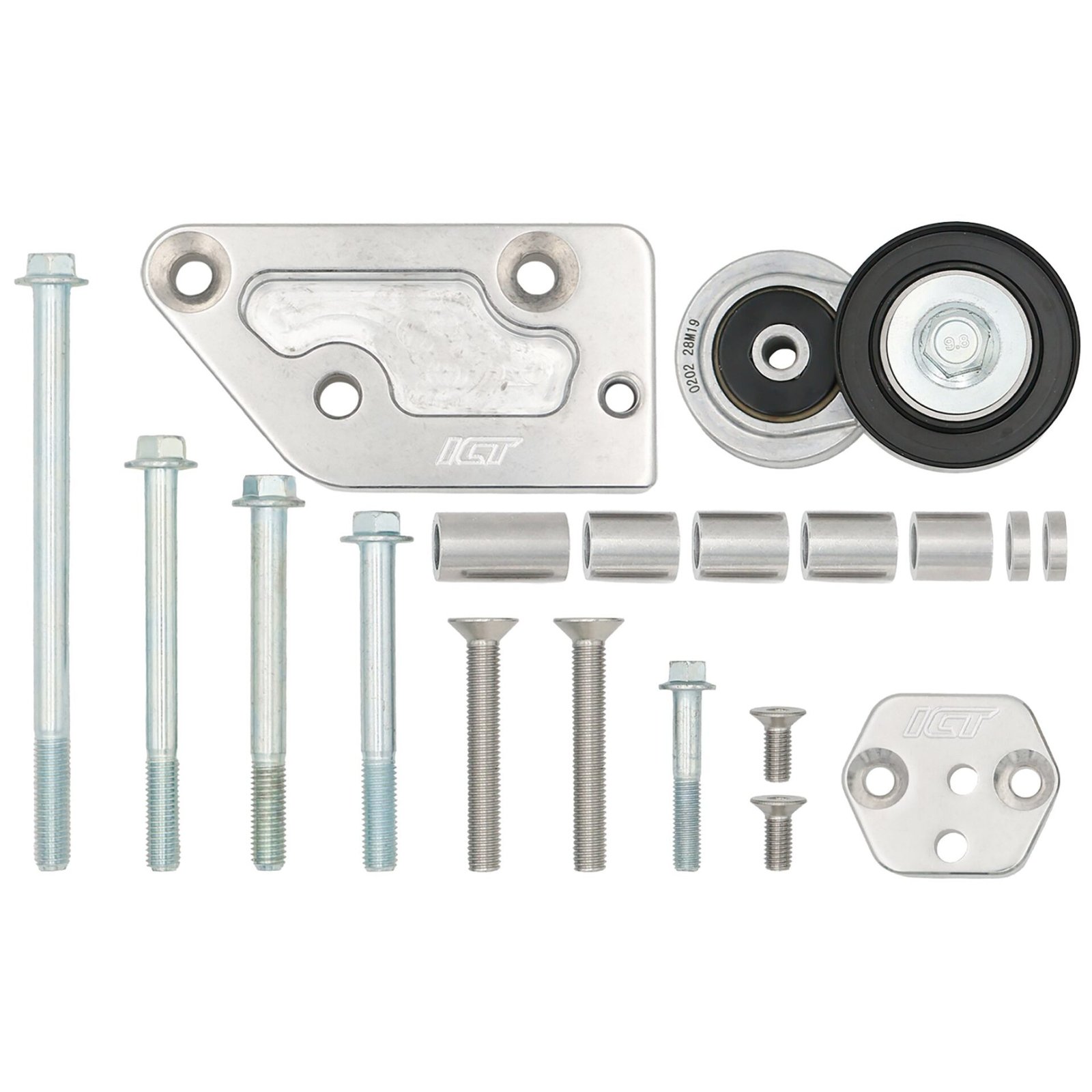 ICT Billet LS Corvette 4-rib A/C bracket kit laid out on white: billet bracket plate, tensioner, spacers and hardware