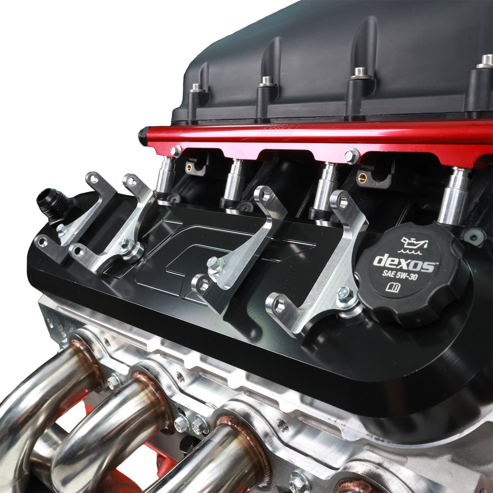 Four ICT Billet coil brackets mounted on an ICT billet LS valve cover with no coils installed, on white