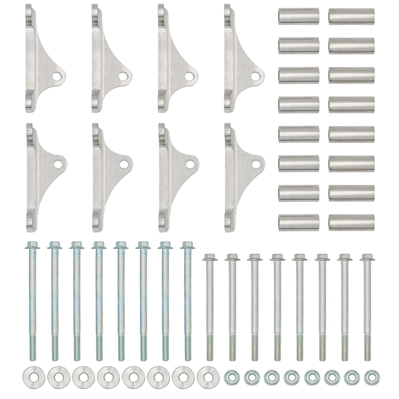 ICT Billet LS valve-cover coil bracket kit laid out on white: 8 brackets, spacers and hardware