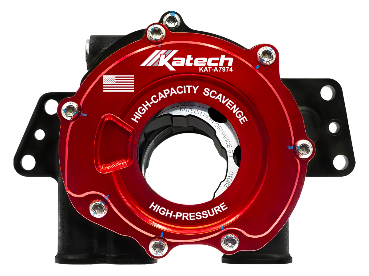 Front view of the red Katech TrackFlow LS9 billet dry-sump oil pump