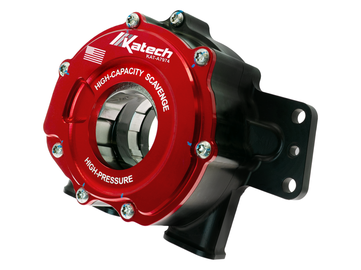 Three-quarter view of the red Katech TrackFlow LS9 billet dry-sump oil pump