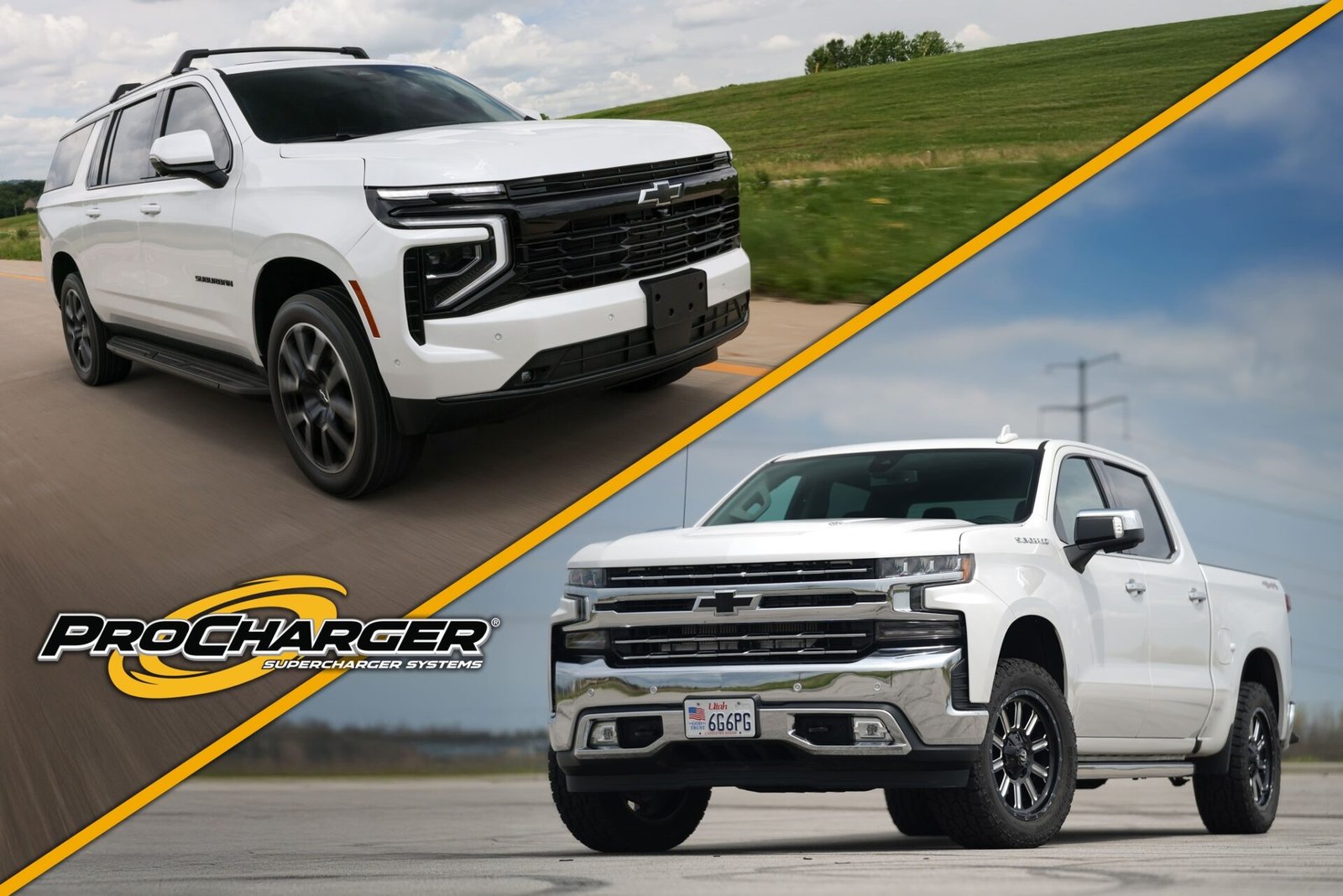 ProCharger promotional image of a white Chevrolet Suburban and a white Chevrolet Silverado 1500 with the ProCharger logo